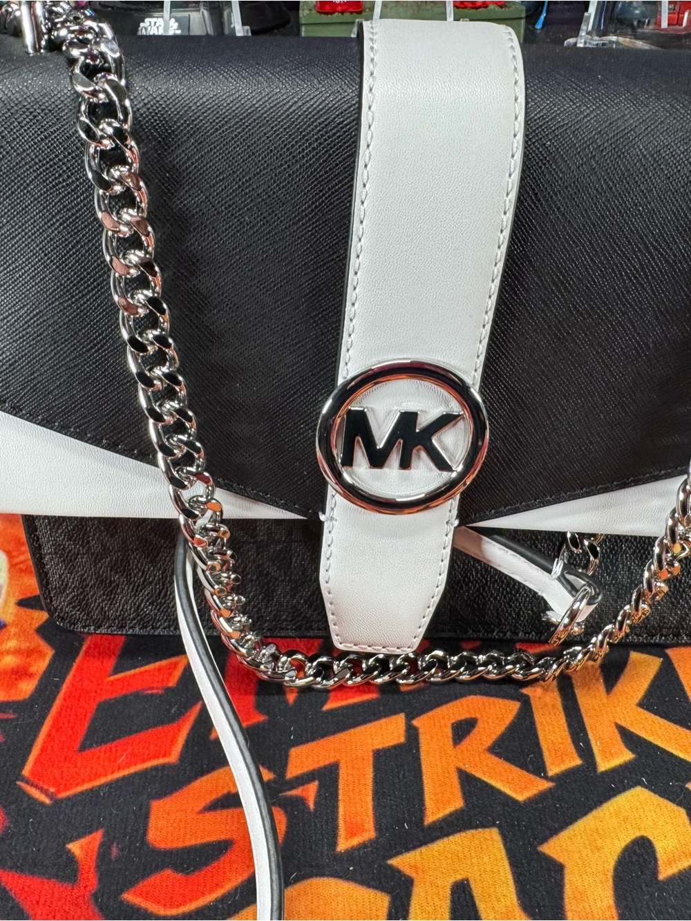 Michael Kors Black and White MK Logo Chain Shoulder Bag
